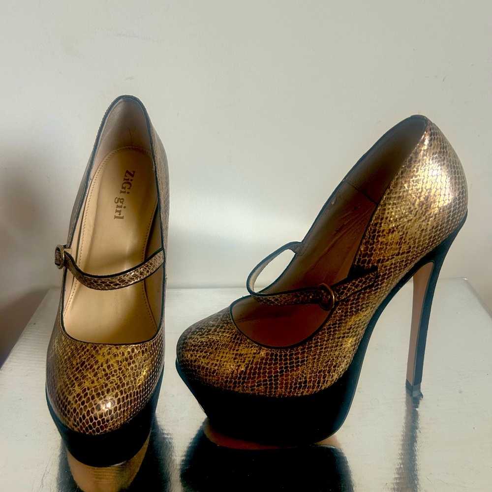 Bronze Snake-Skinned Platform Mary Jane Pumps